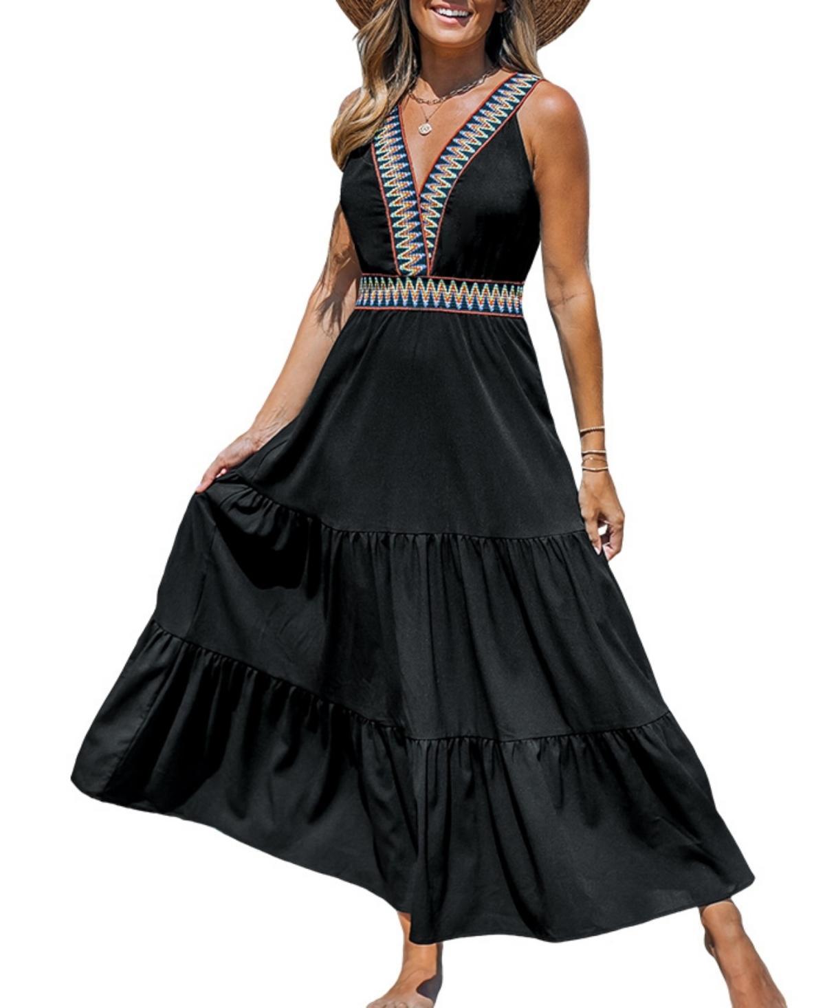 Women's Black Boho Sleeveless V-Neck Maxi Beach Dress Product Image