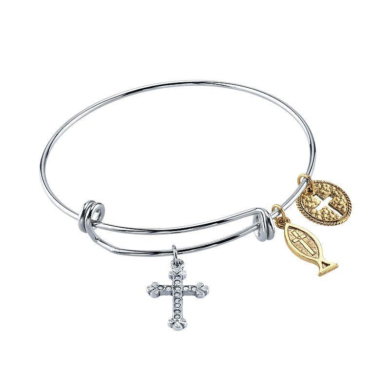 1928 14k Gold-Plated Cross Fish & Medallion Bangle Bracelet, Womens, Silver Tone Product Image