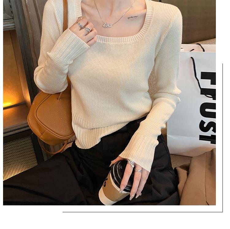 Long-Sleeve Crew Neck Plain Ribbed Knit Top Product Image