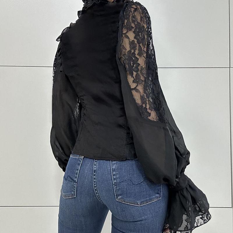 Puff-Sleeve Plain Ruffle Lace Panel Shirt Product Image