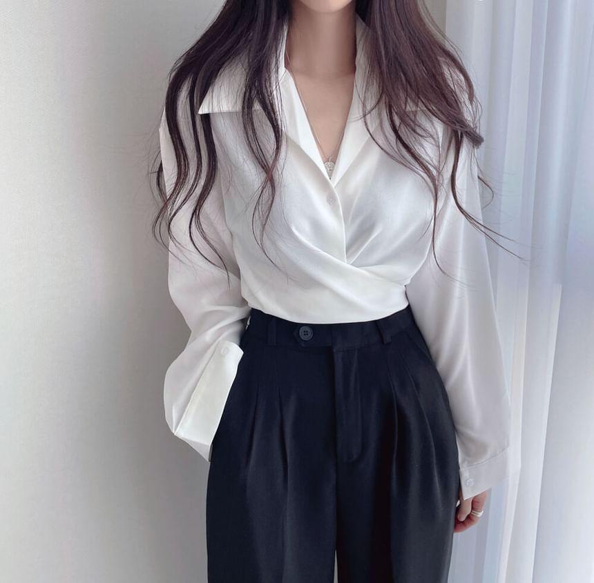 Long-Sleeve Plain Button-Up Wrap Crop Shirt Product Image