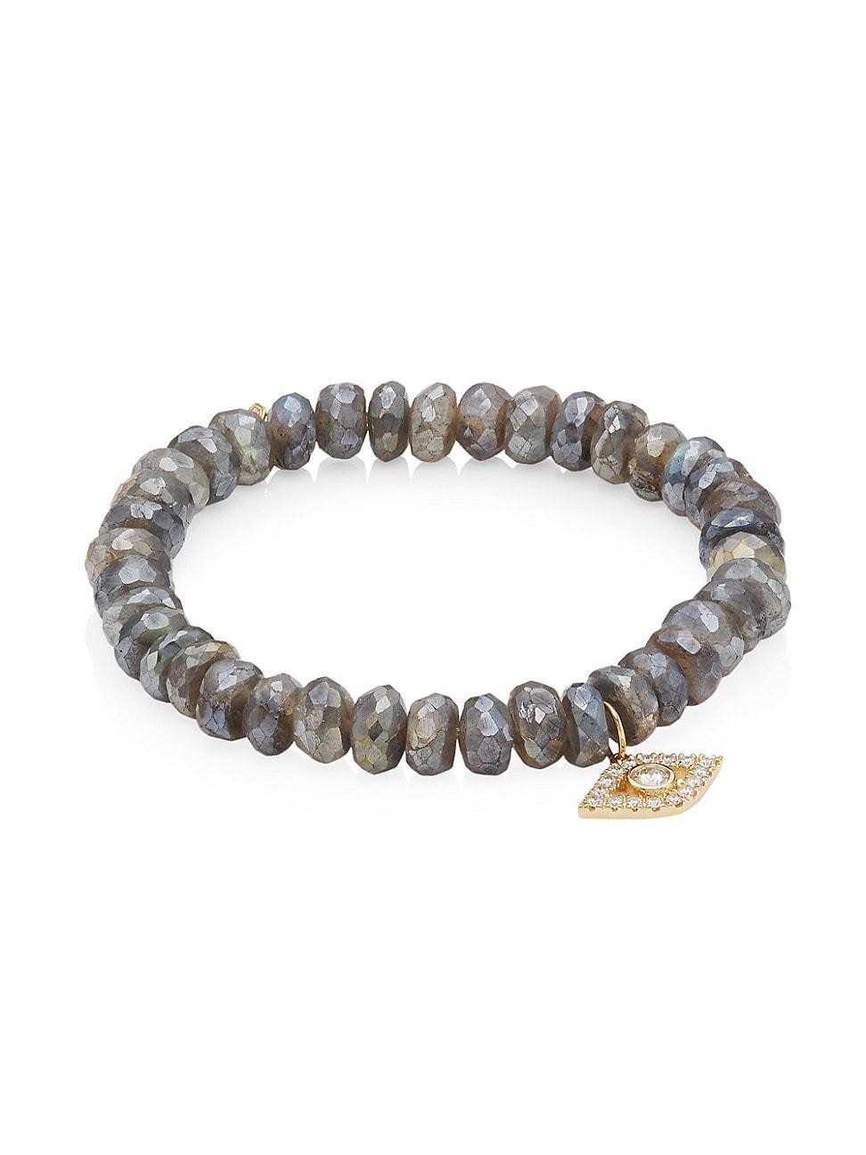 Womens 14K Yellow Gold, Mystic Labradorite & Diamond Evil Eye Charm Bracelet Product Image