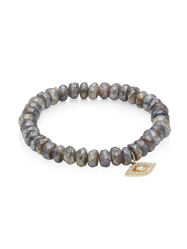 Womens 14K Yellow Gold, Mystic Labradorite & Diamond Evil Eye Charm Bracelet Product Image