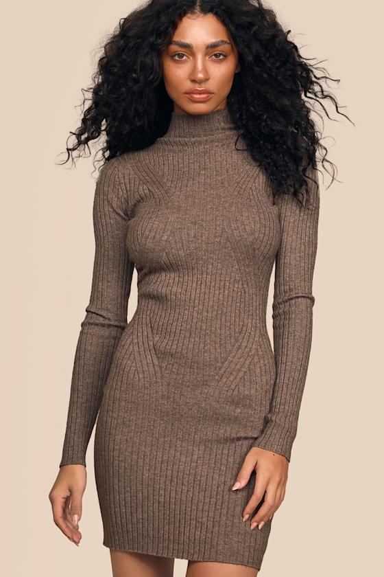 Snug As Can Be Heather Taupe Ribbed Mock Neck Sweater Dress Product Image