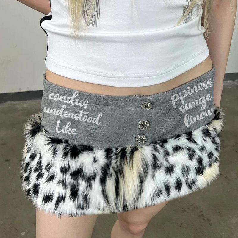 High Waist Lettering Animal Print Faux Fur Mini Skirt Product Image