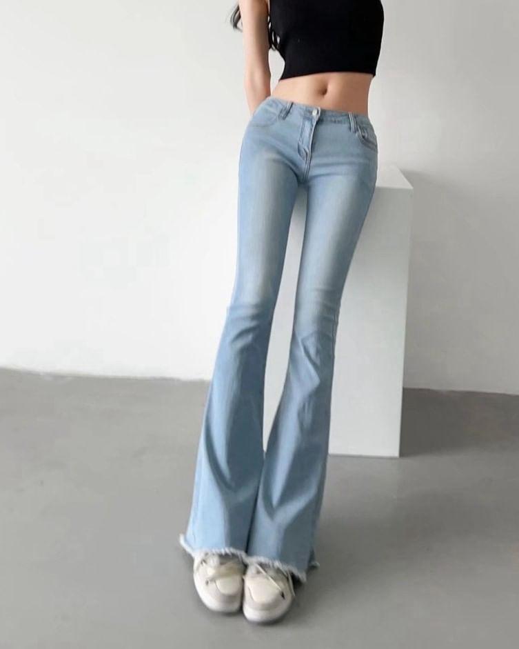 Low Waist Washed Tassel Bootcut Jeans Product Image