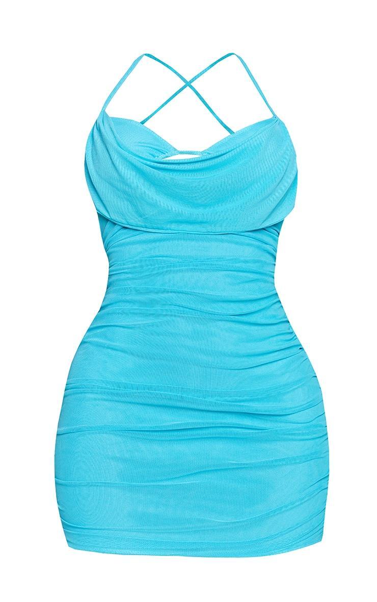 Shape Aqua Blue Mesh Cowl Bralet Detail Ruched Bodycon Dress Product Image