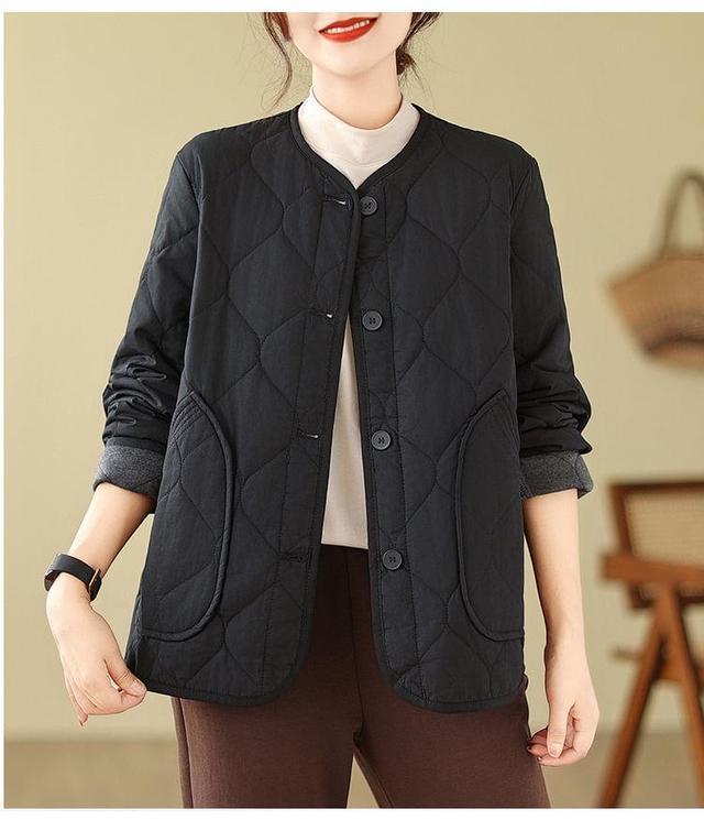 Crew Neck Plain Quilted Button-Up Jacket Product Image