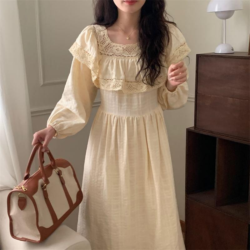 Puff-Sleeve Square-Neck Lace Trim Plain Midi A-Line Dress Product Image