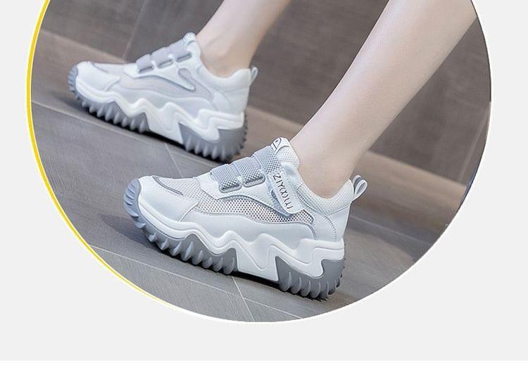 Platform Hidden Wedge Adhesive Strap Mesh Panel Faux Leather Sneakers Product Image