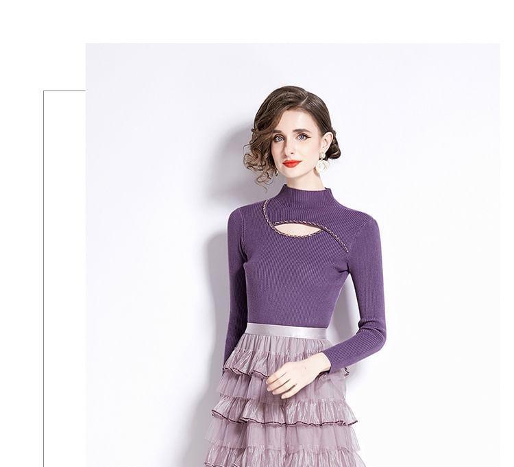 Set: Long Sleeve Mock Neck Plain Beaded Panel Knit Top + High Rise Tiered Mesh Maxi A-Line Skirt Product Image