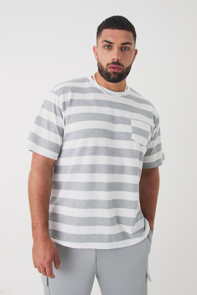 Mens Grey Plus Oversized Textured Stripe T-shirt, Grey Product Image