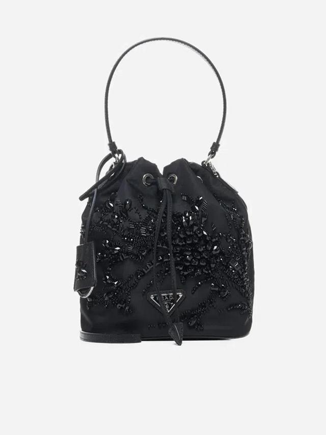 PRADA Crystals Re-nylon Mini Bucket Bag In Black Product Image