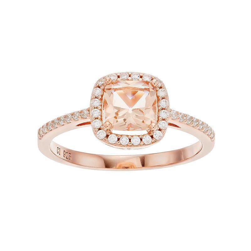 14k Rose Gold Over Silver Simulated Morganite & Cubic Zirconia Square Halo Ring, Womens Pink Product Image