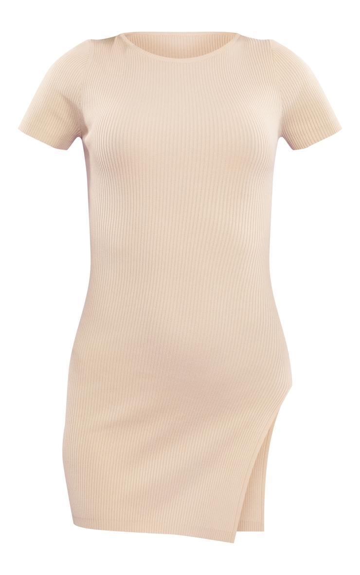 Oatmeal Ribbed Knit Side Split Bodycon Dress Product Image