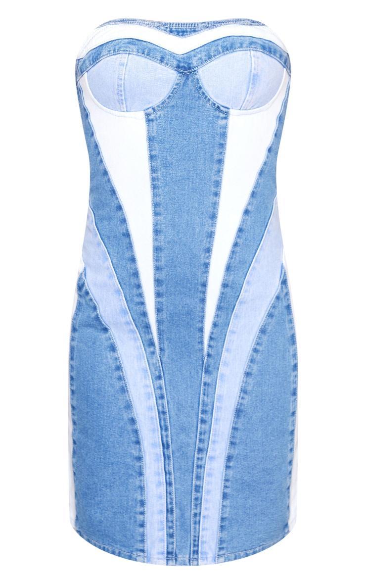 Mid Blue Wash Contrast Panel Denim Mini Dress Product Image