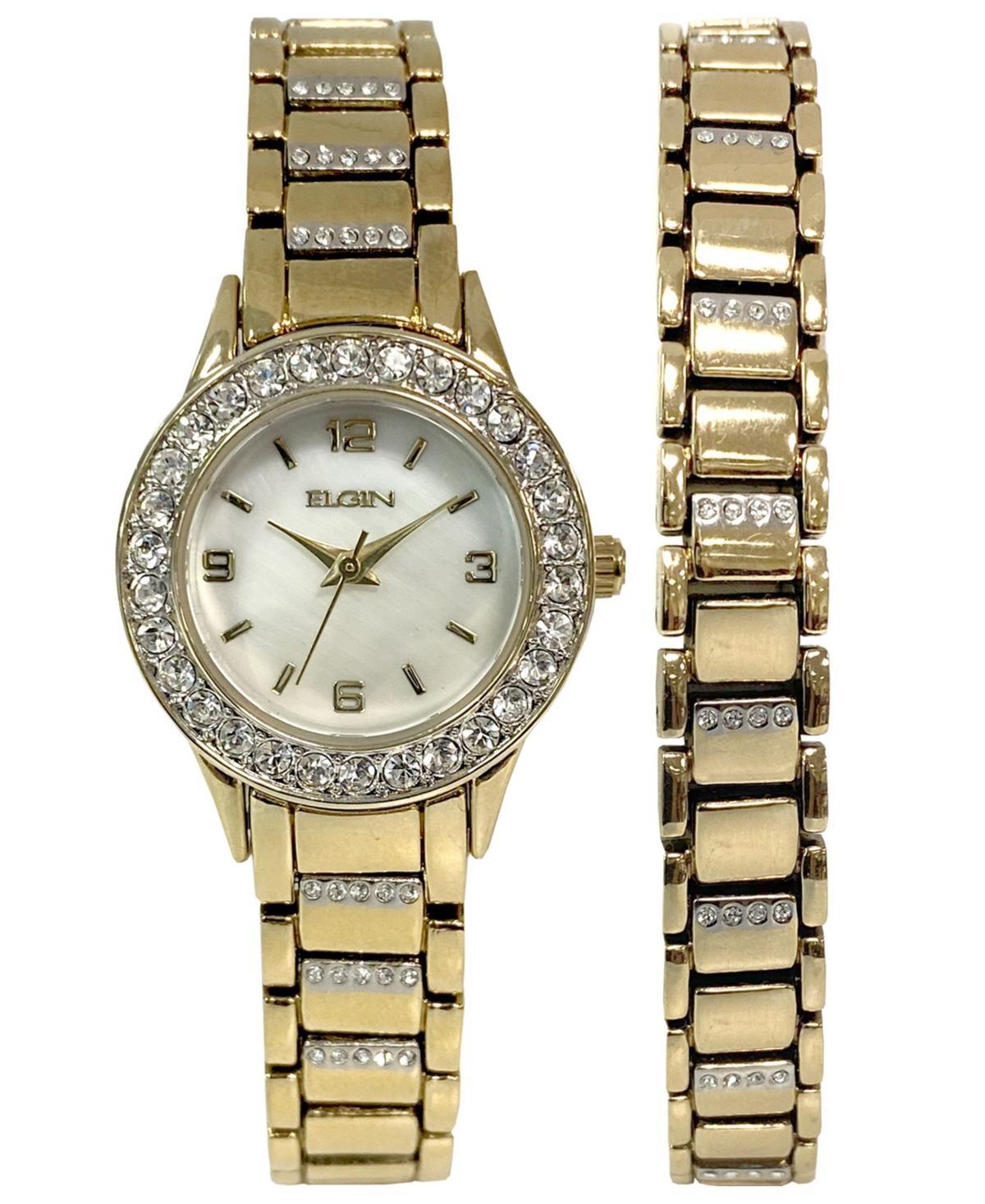 Elgin Womens Ion Plating Logo Etched On Crown Gold-Tone Strap Watch and Bracelet Set Product Image