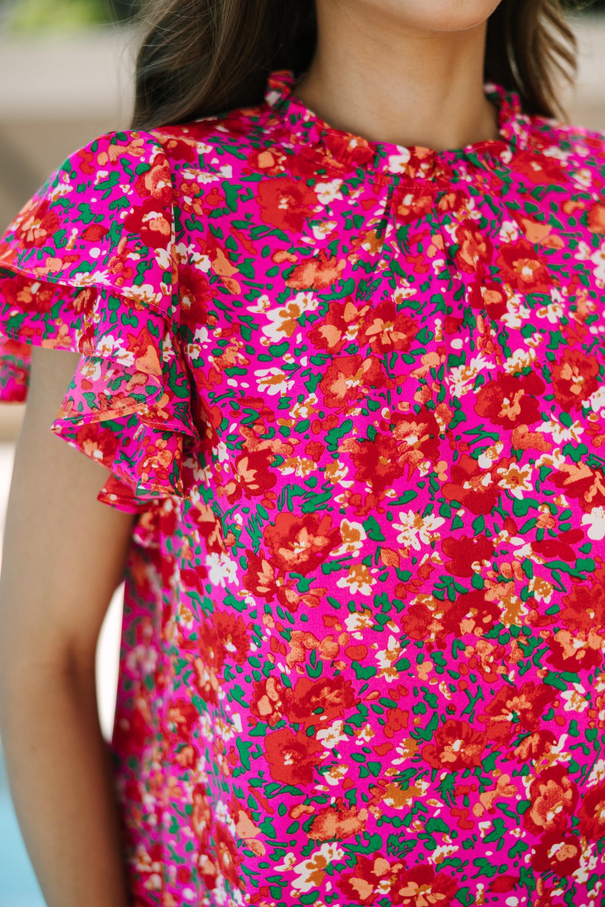 On Your Heart Fuchsia Pink Ditsy Floral Blouse Female Product Image