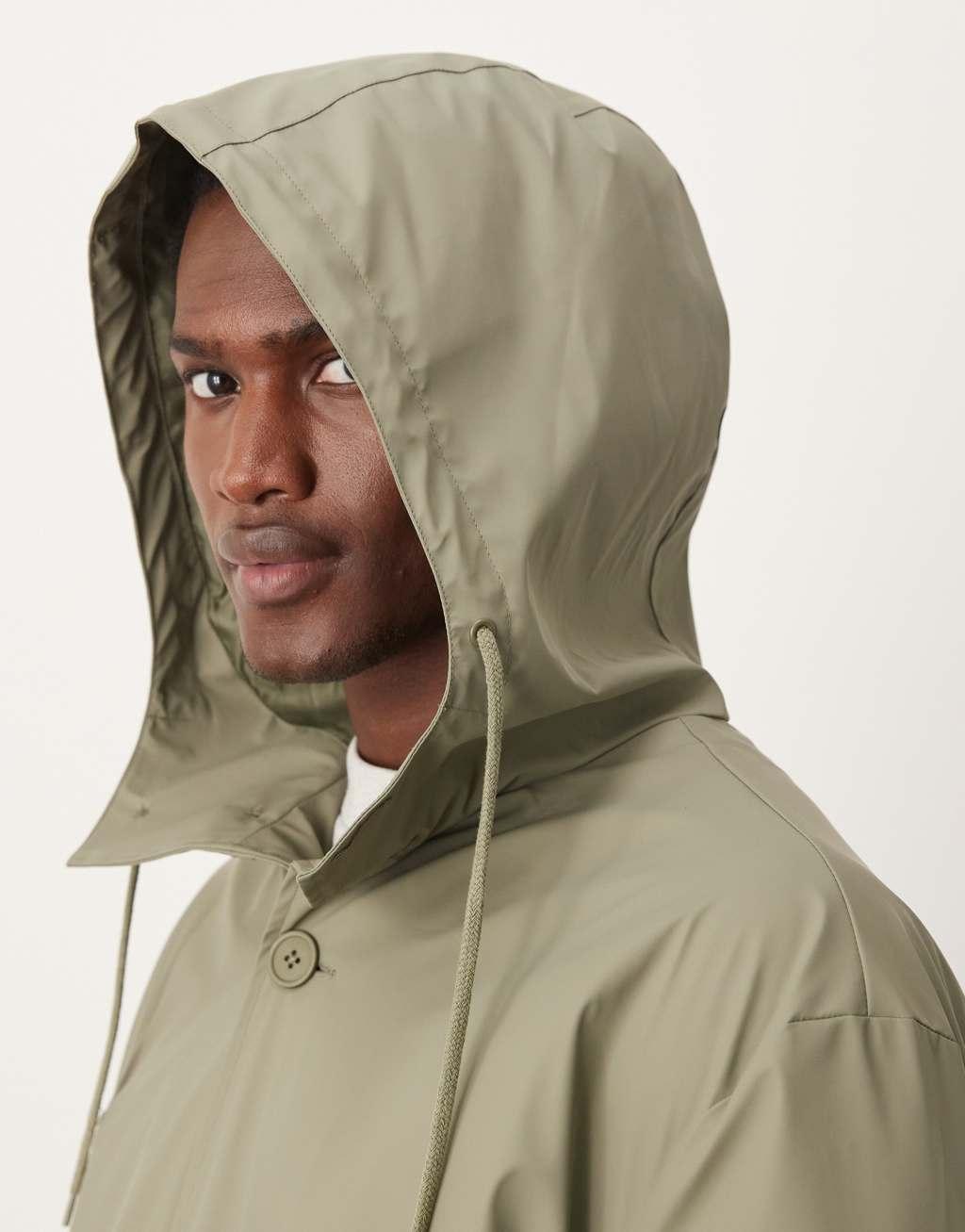 ASOS DESIGN rubberized trench coat with hood in khaki Product Image