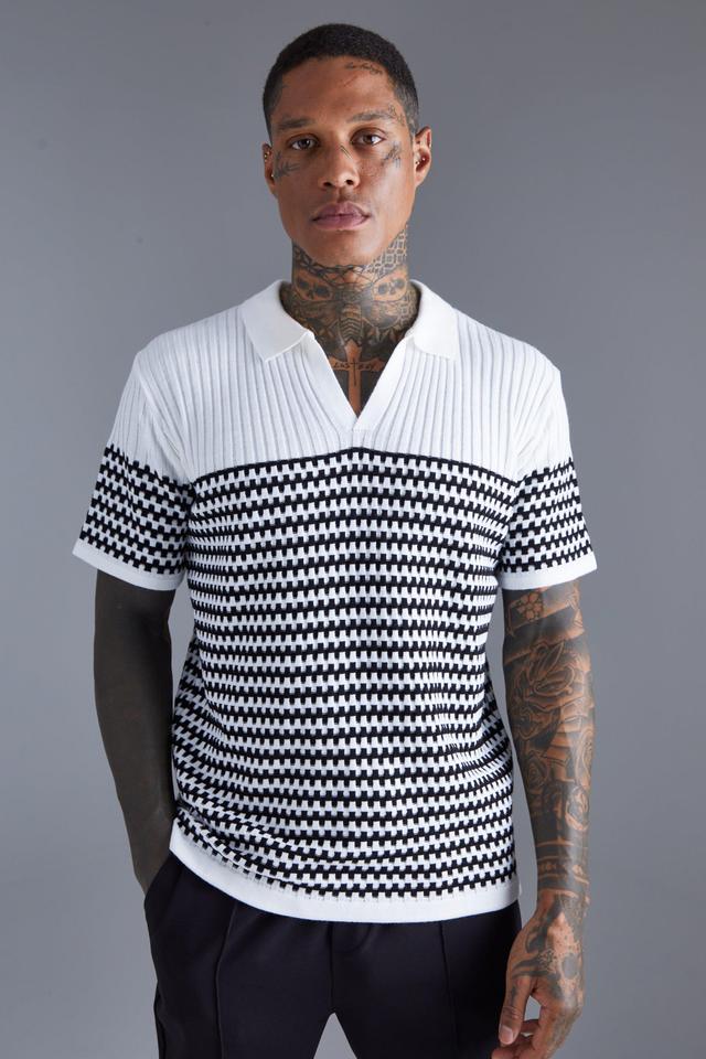 Mens White V Neck Striped Knitted Polo, White Product Image