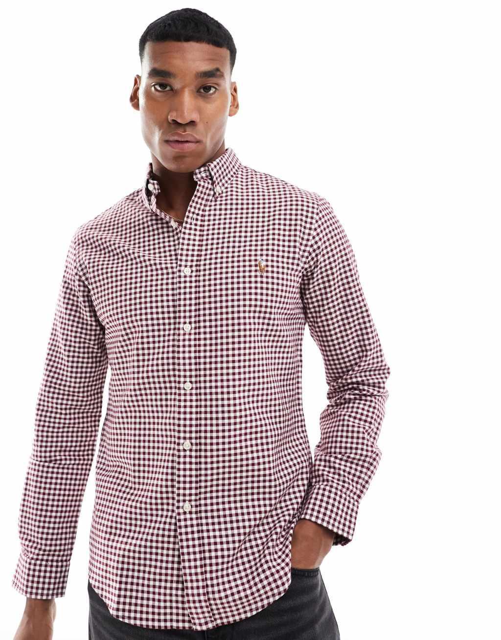 Polo Ralph Lauren icon logo slim fit gingham oxford shirt in burgundy/white Product Image