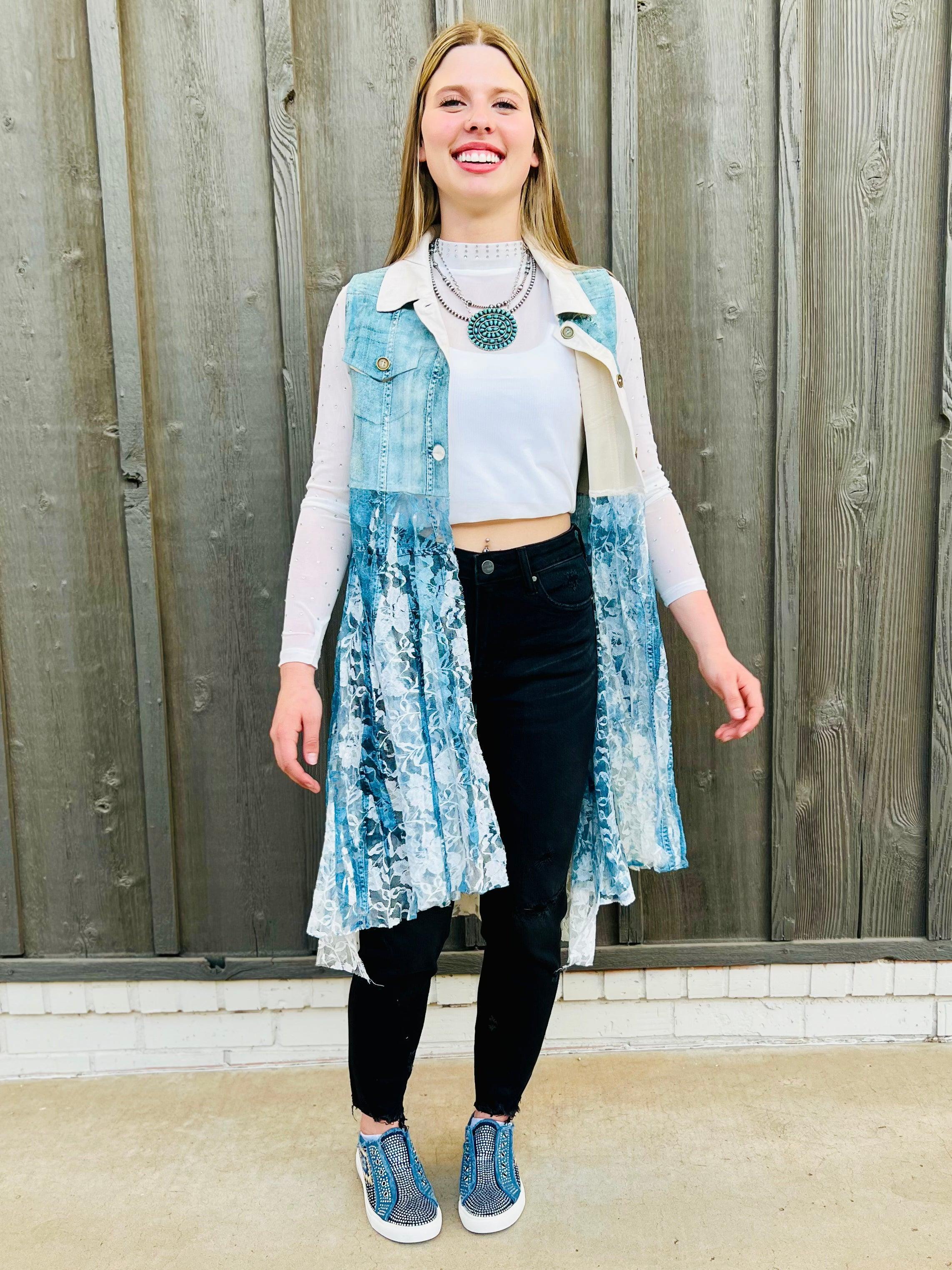 Denim Lace Layered Vest Cardigan Product Image