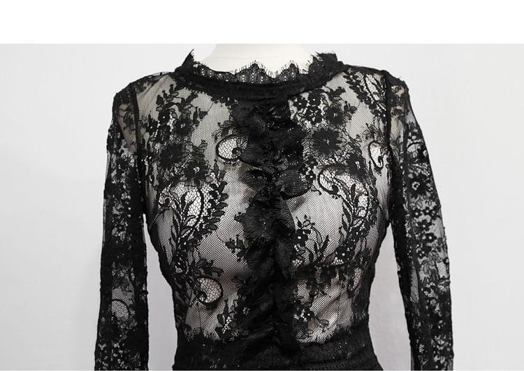 Long Sleeve Round Neck Lace Floral Bodycon Midi Dress Product Image