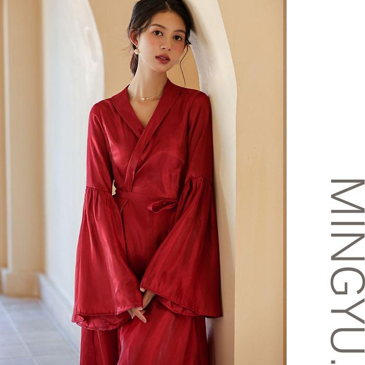 Plain Tie Waist Pajama Robe Product Image