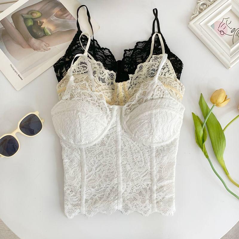 V-Neck Padded Lace Crop Camisole Top Product Image