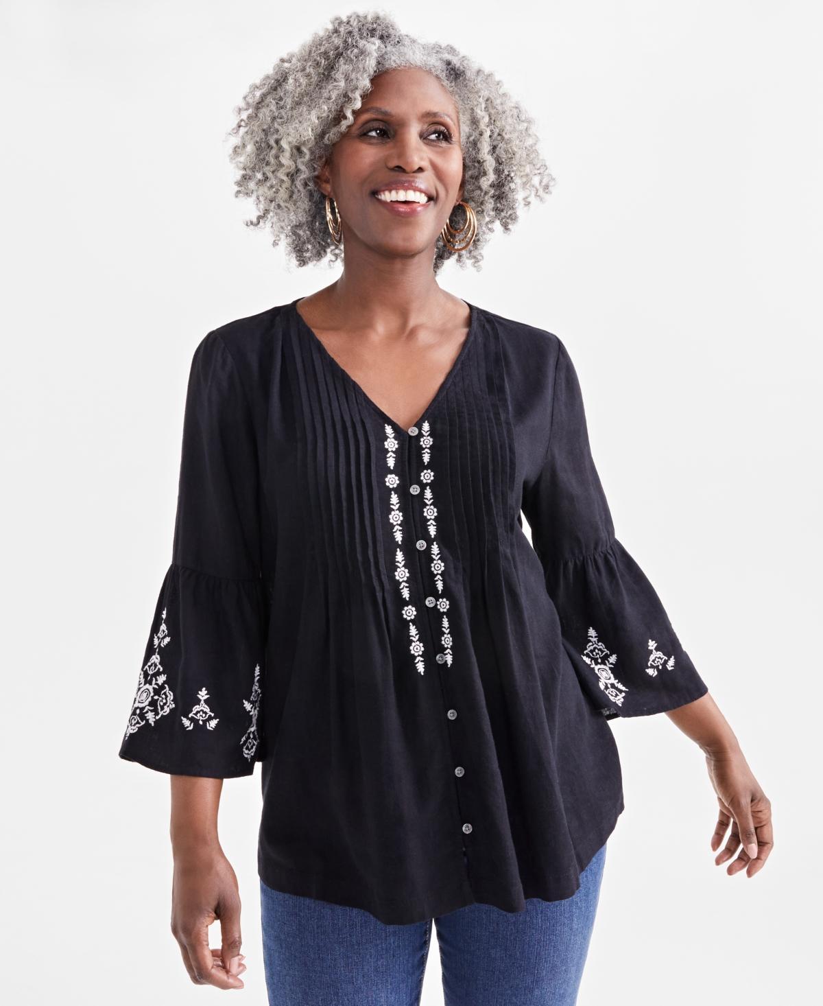 Style & Co Womens V-Neck Pintuck Embroidery Top, Created for Macys Product Image