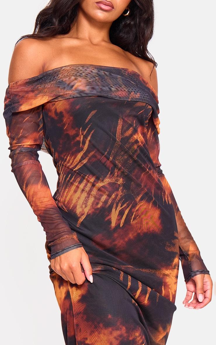 Rust Printed Mesh Bardot Long Sleeve Maxi Dress Product Image