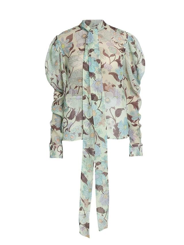 Womens Floral Silk Puff-Sleeve Shirt Product Image