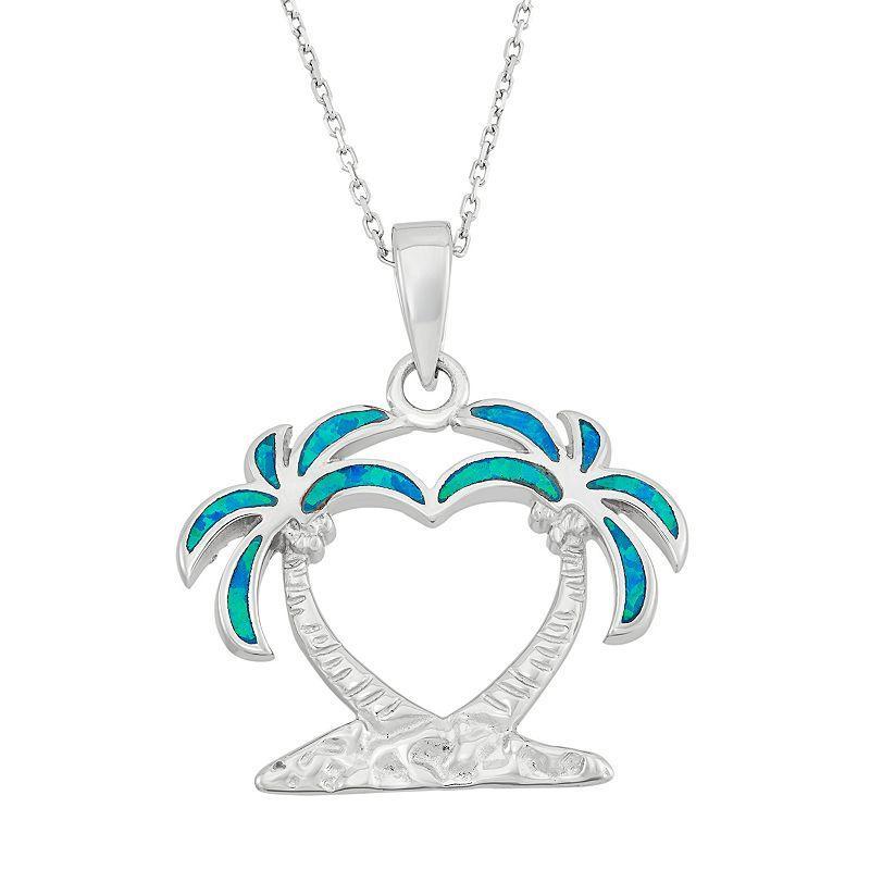 Lab-Created Blue Opal Sterling Silver Heart & Palm Tree Pendant Necklace, Womens Product Image