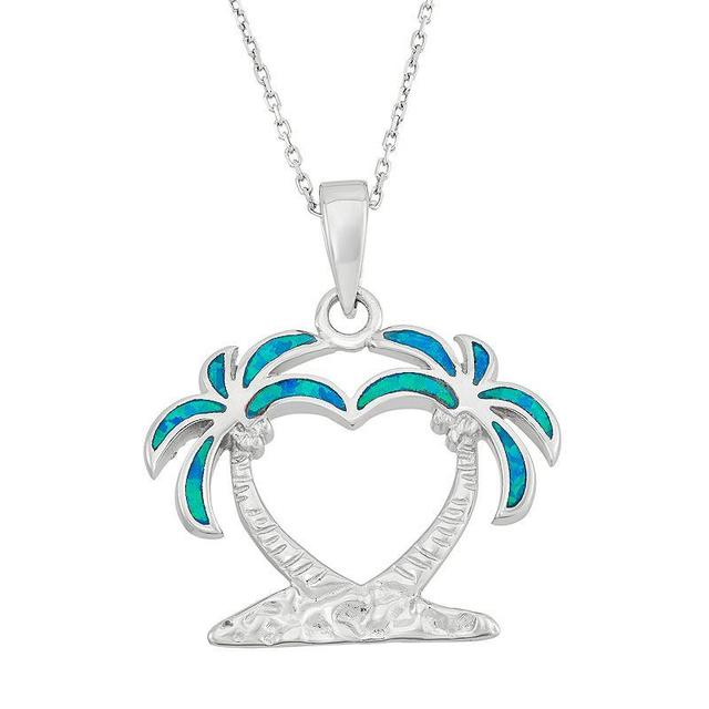 Lab-Created Blue Opal Sterling Silver Heart & Palm Tree Pendant Necklace, Womens Product Image