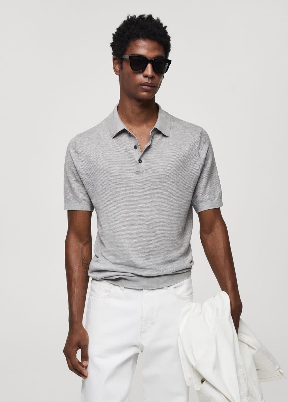 MANGO MAN - Buttoned micro-structure knitted polo shirt light heather greyMen Product Image