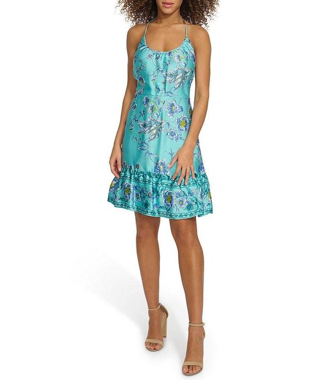 SIENA Floral Print Scoop Halter Neck Sleeveless Tiered Ruffle Hem Mini Dress Product Image