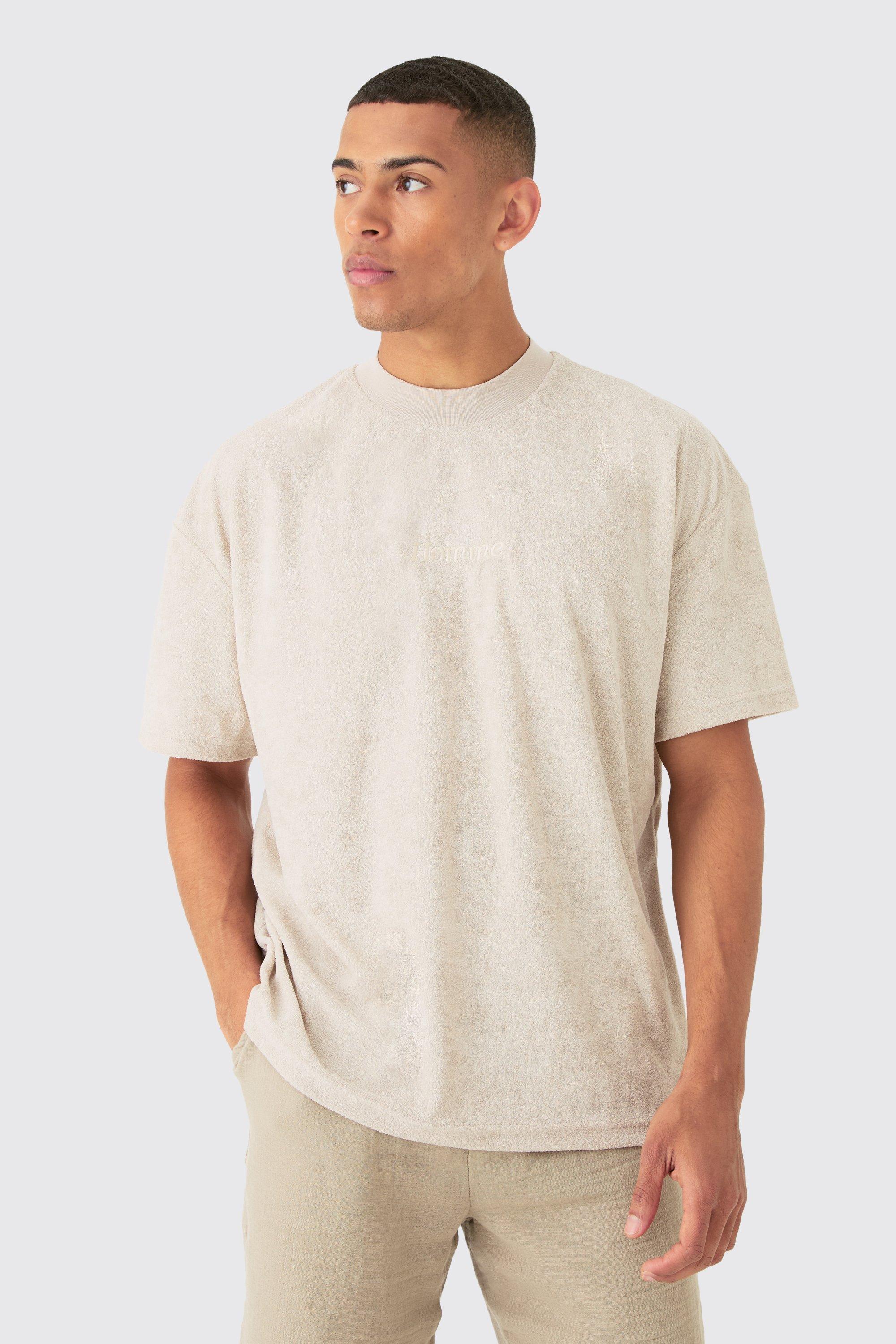 Mens Beige Oversized Extended Neck Towelling Homme T-shirt, Beige Product Image