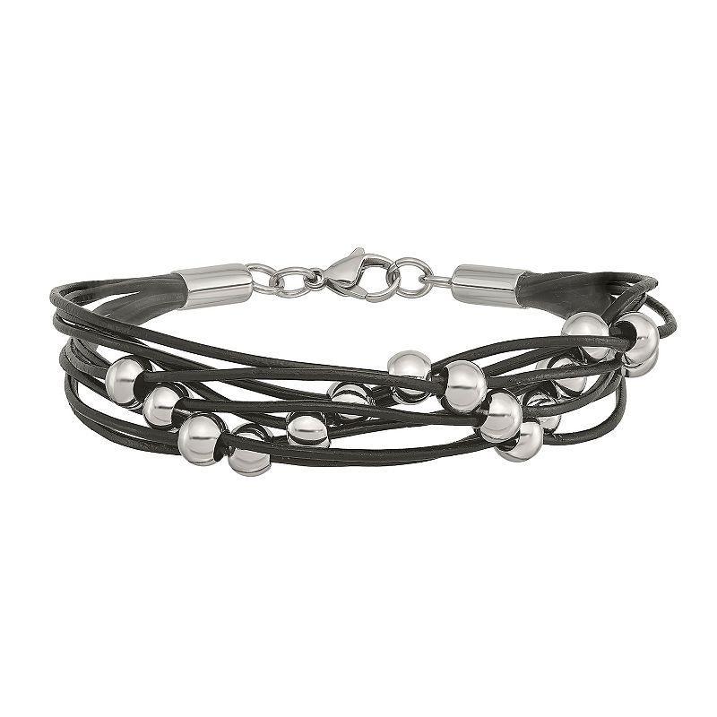 Mens Stainless Steel Bead & Black Leather Multistrand Bracelet Product Image