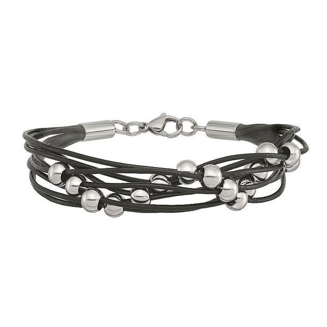 Mens Stainless Steel Bead & Black Leather Multistrand Bracelet White Product Image