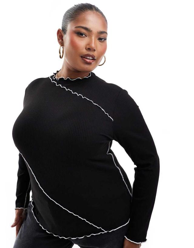 Pieces Curve long sleeved top with contrast lettuce edge detailing in black Product Image