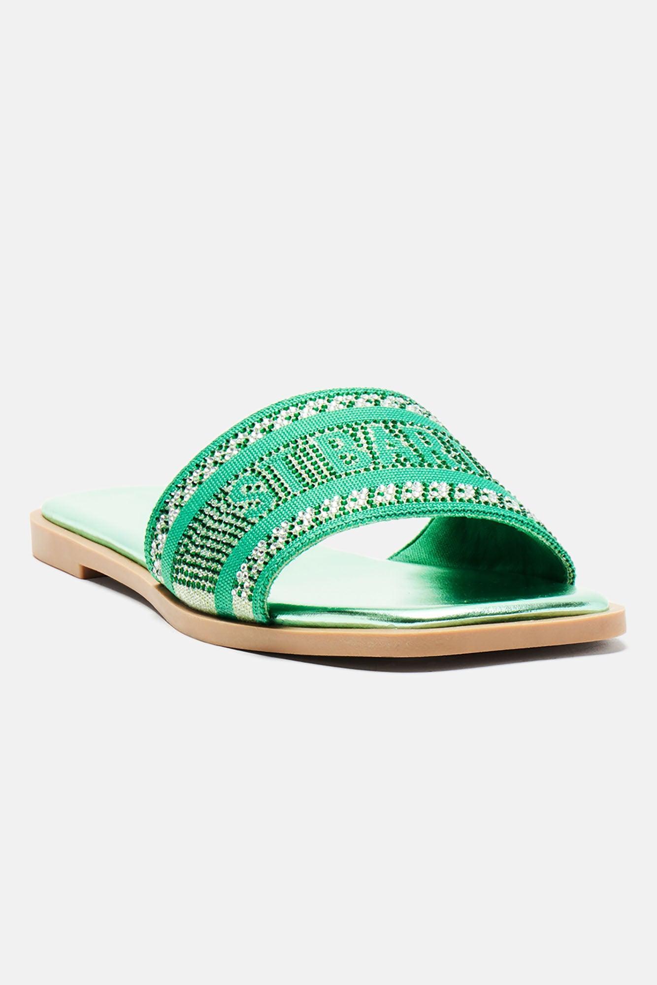 What A View Embellished Flat Sandals - Silver/Green Product Image