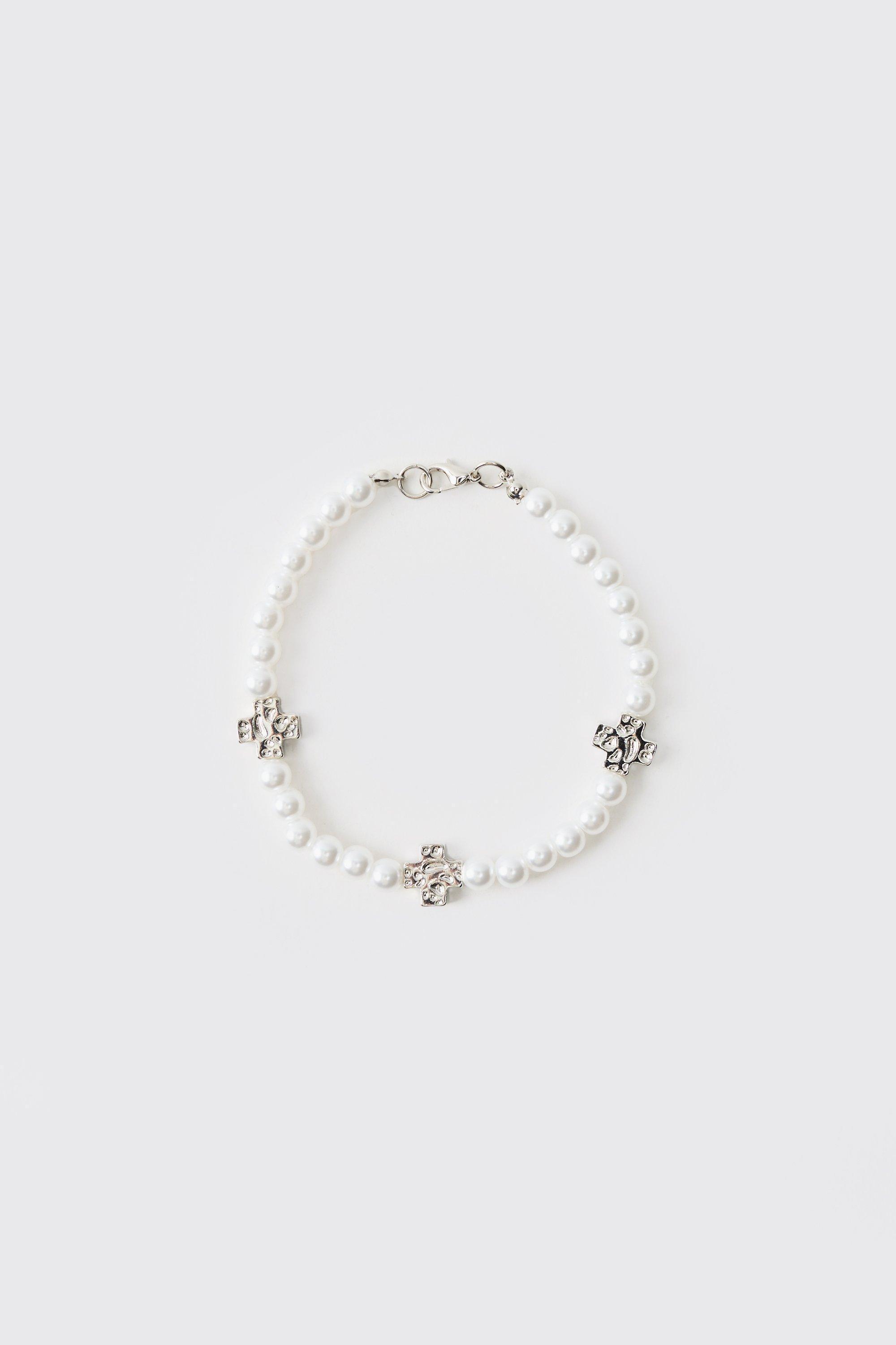 Pearl Bracelet with Cross Charms | boohooMAN USA Product Image