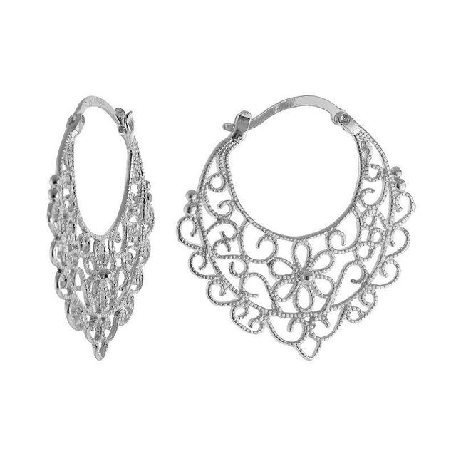 Silver Plated Flower Filigree Hoop Earrings, Womens Product Image