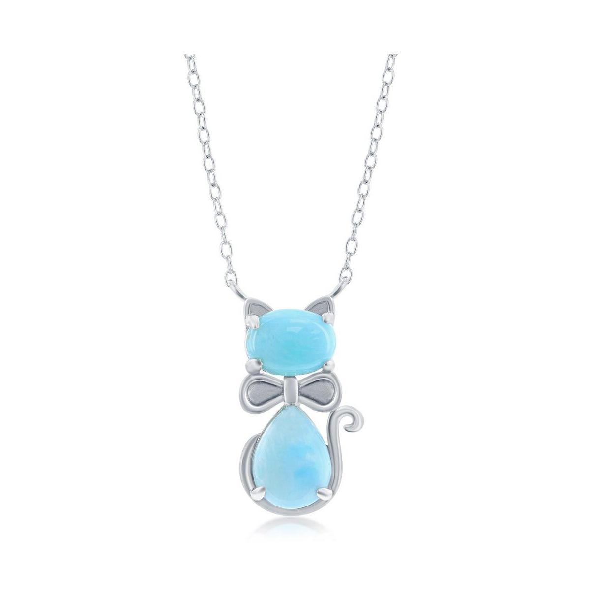 Sterling Silver Genuine Larimar Cat Pendant Necklace, Womens Product Image