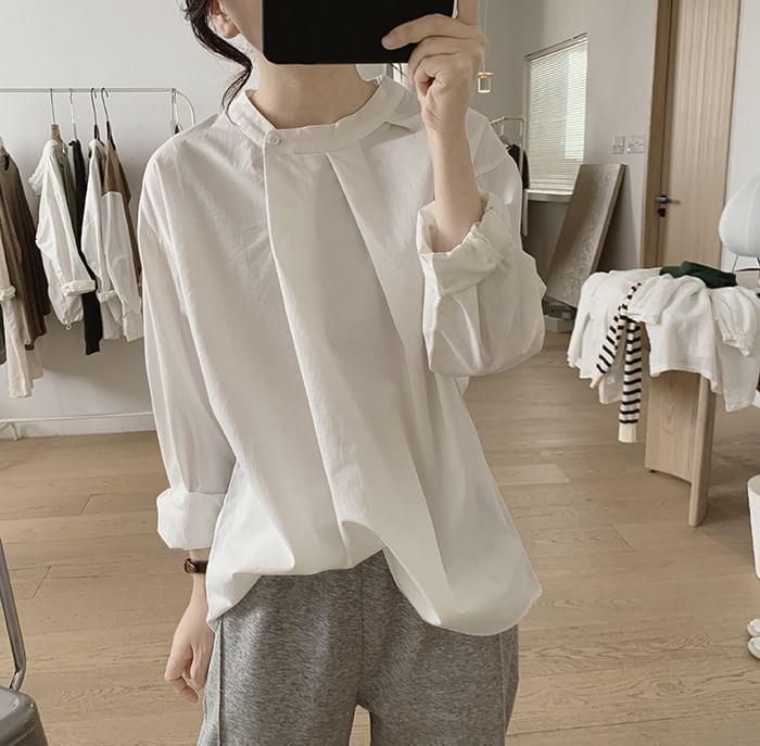 Puff-Sleeve Plain Buttoned Blouse Product Image