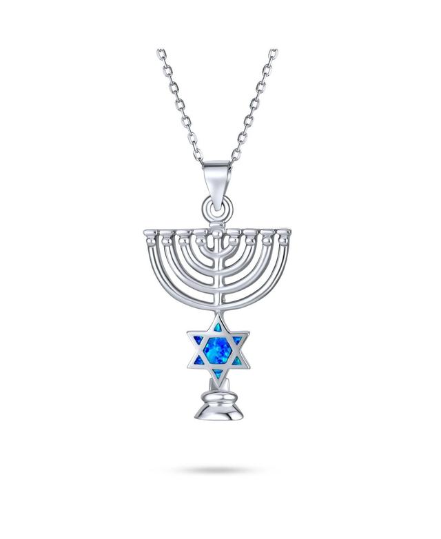 Bling Jewelry Created Blue Opal Religious Judaica Hanukkah Menorah Star Of David Pendant Necklace For Women Bat Mitzvah .925 Sterling Silver Product Image