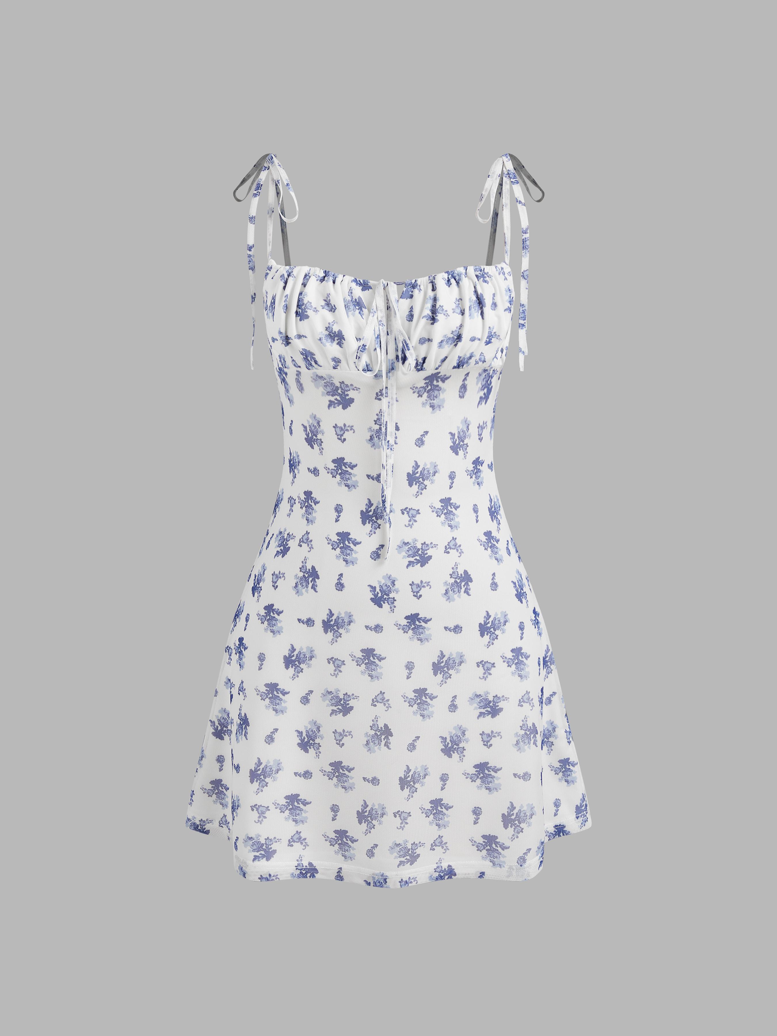 Mesh Scoop Neckline Floral Knotted Mini Dress Product Image