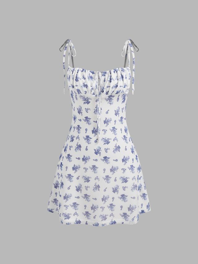 Mesh Scoop Neckline Floral Knotted Mini Dress Product Image