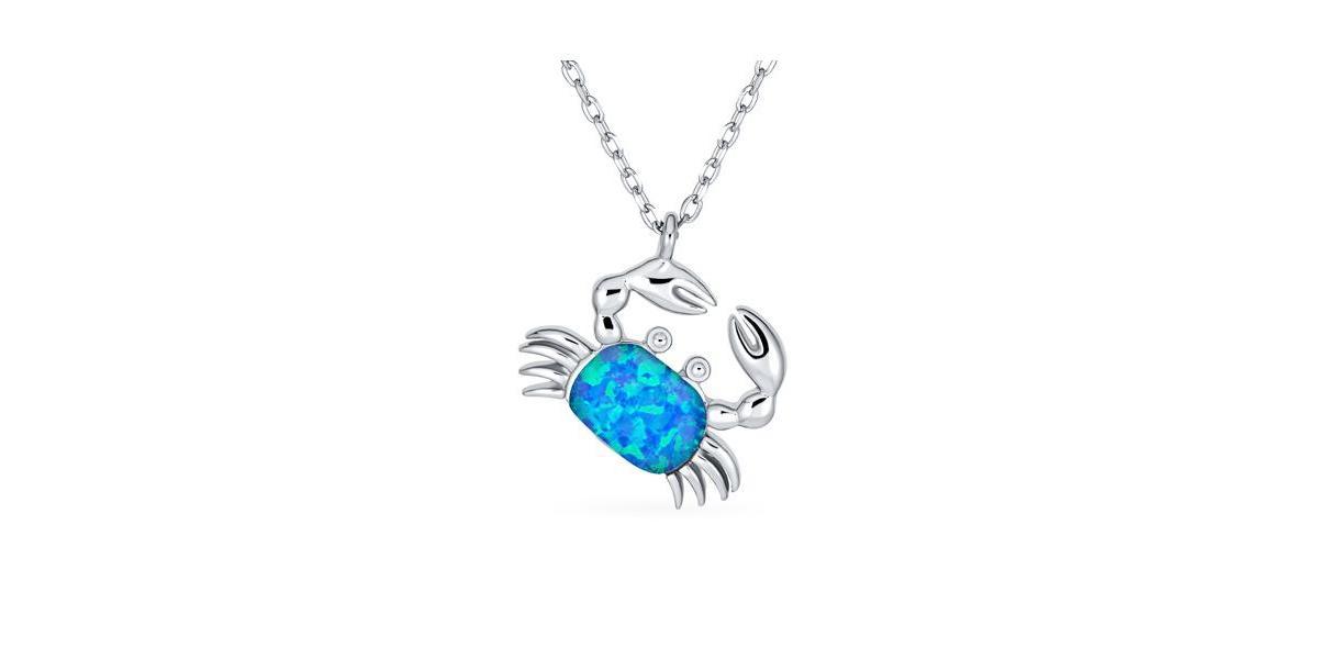 Bling Jewelry Tropical Vacation Nautical Blue Created Opal Beach Sand Crab Dangling Pendant Necklace For Women .925 Sterling Silver Product Image