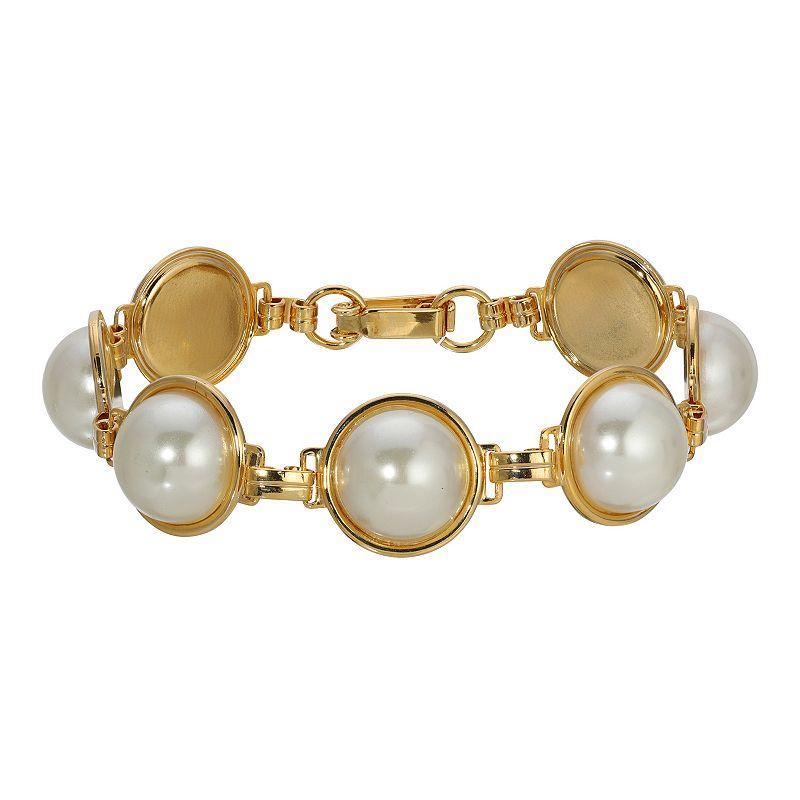 1928 Gold Tone Simulated Pearl Link Statement Bracelet, Womens, White Product Image